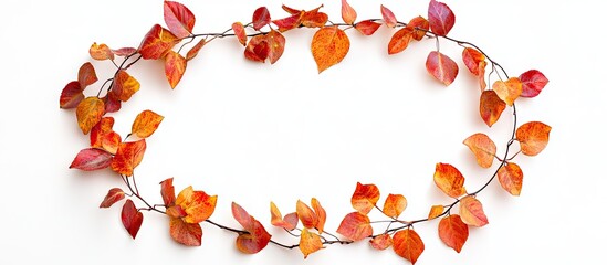 Poster - Vibrant autumn leaves garland in round shape on white background with copy space, featuring rich reds and oranges intertwined with twigs.