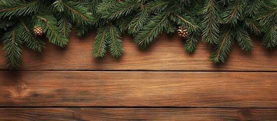 Aufkleber - Fresh evergreen fir tree branches with pine cones border on rustic wooden background, dark green foliage framing warm wood texture, top layout.