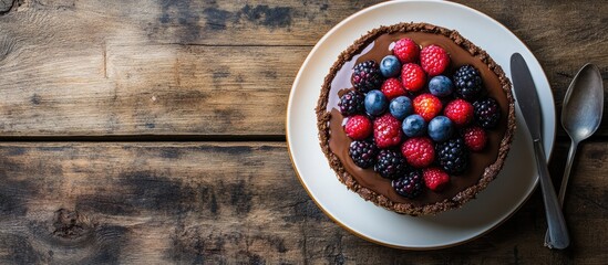 Poster - Chocolate cheesecake garnished with fresh berries on white plate beside silver spoons against rustic wooden table backdrop with empty space