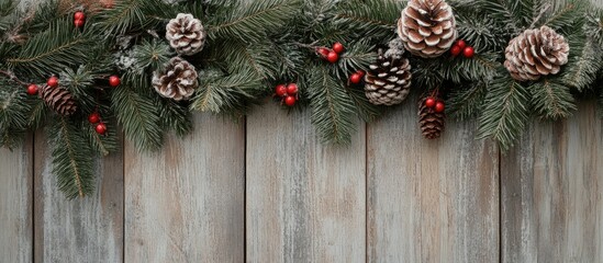 Poster - Christmas greenery and pine cones with red berries arranged on weathered wood background creating a festive holiday ambiance in natural tones