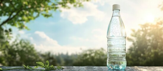 Fototapete - Clear plastic water bottle on a surface with green leaves, set against a blurred sky and trees backdrop, illuminated by soft sunlight, copy space available.