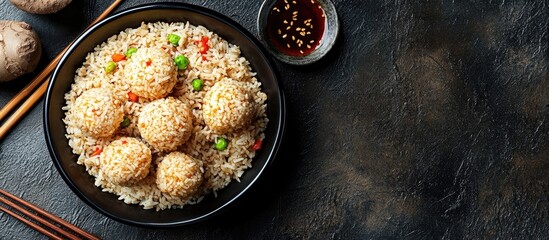 Poster - Delicious Chinese fried rice in a black bowl with colorful vegetables and sesame balls arranged elegantly, accompanied by dark soy sauce on textured background.