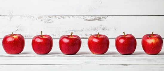 Poster - Row of vibrant red apples lined up on a rustic white wooden table with a natural grain texture creating a fresh and inviting atmosphere