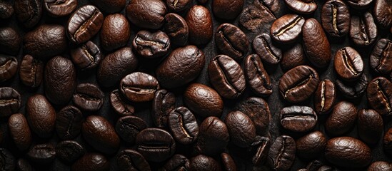 Poster - Rich dark roasted coffee beans spread across a textured black surface creating a warm and inviting coffee background with deep brown tones