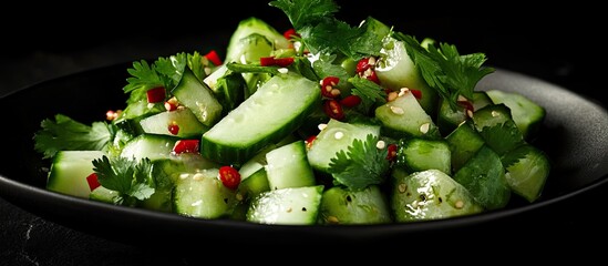 Poster - Fresh cucumber salad with chili peppers and coriander on a black plate, featuring vibrant green hues and red accents against a dark background.