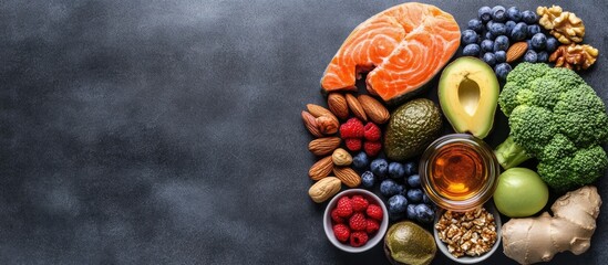 Poster - Healthy brain foods arrangement featuring salmon, nuts, berries, avocados, broccoli, and olive oil. Dark background with a left copy space.