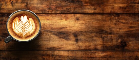 Poster - Hot latte art with heart design in a black cup positioned on the left side of a rustic wooden background with warm brown tones and copy space.
