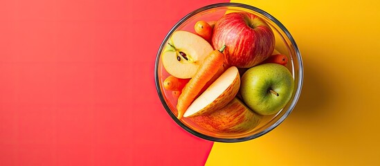 Poster - A vibrant minimalist bowl filled with red and green apples along with carrots on a bright red and yellow split background top view composition