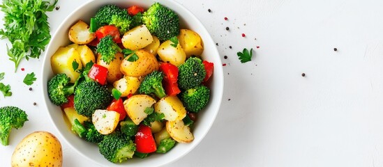 Poster - Colorful broccoli and potato salad in a white bowl on a bright white background with green parsley and red bell pepper accents, copyspace area