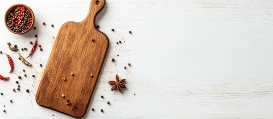 Fototapete - Wooden cutting board positioned centrally with scattered whole spices including star anise, red chili, and mixed peppercorns on a white background.