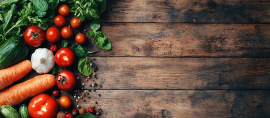 Poster - Vibrant assortment of fresh organic vegetables including tomatoes, carrots, and garlic on rustic wooden background with ample copyspace for text