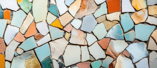 Aufkleber - Mosaic of broken ceramic tiles in various shades of blue, orange, and beige arranged intricately on a textured surface creating a colorful floor design
