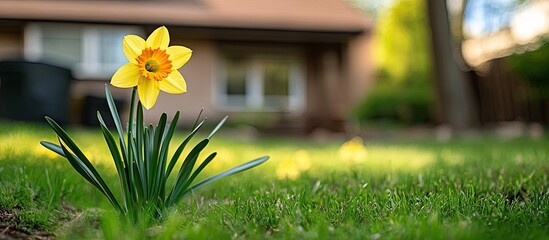 Aufkleber - Bright yellow daffodil in focus blooming amid lush green grass near a house with soft blurred background highlights. Green foliage enhances the scene.