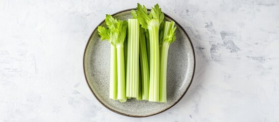 Poster - Fresh green celery stalks arranged on a gray plate against a light stone background with ample text space above for advertising or design use.