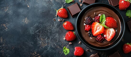 Poster - Delicious chocolate and berry dessert in a black bowl surrounded by fresh strawberries and dark chocolate on a dark textured background