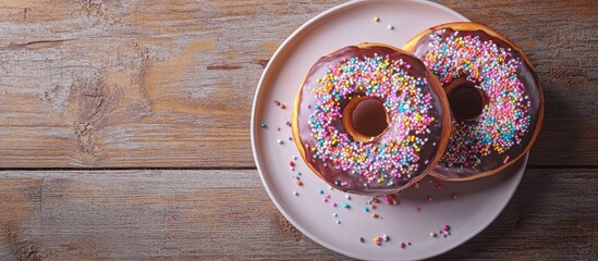 Poster - Aerial view of two homemade chocolate donuts with colorful sprinkles on a light plate placed over a rustic wooden table with ample copy space.