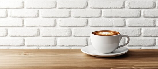 Poster - White coffee cup filled with latte art placed on a light wooden table against a textured white brick wall creating a cozy atmosphere