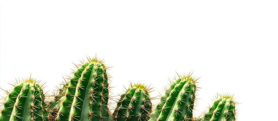 Poster - Green cactus plants densely arranged on the left side of a white background showcasing spiny texture and vibrant freshness in a natural setting.