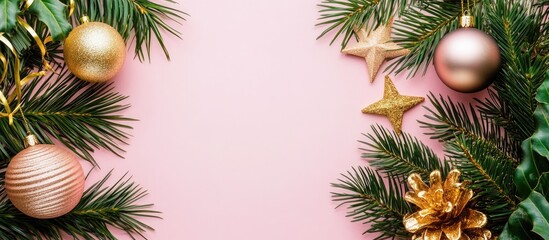 Poster - Golden star-shaped ornaments and pink baubles framed by green palm leaves on soft pink background creating festive holiday greeting card layout