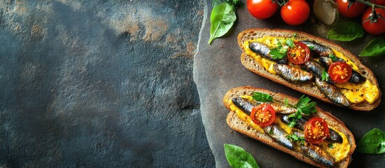 Poster - Open faced sandwich with canned smoked sardines and cherry tomatoes on dark rye bread garnished with fresh basil on a rustic slate background