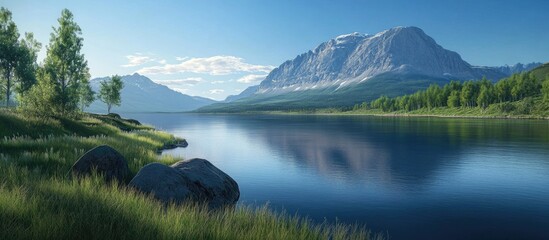 Poster - Peaceful blue river estuary reflecting mountains and greenery under afternoon sunlight with clear skies in the background and gentle ripples on water
