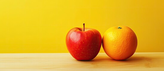 Poster - Red apple and orange on light wooden table with vivid yellow background, positioned side by side showcasing fresh fruit contrast and vibrant colors.