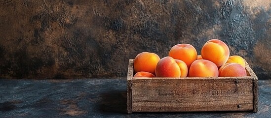 Poster - Fresh peaches in a rustic wooden box on a textured dark background vibrant orange tones fruit arranged for healthy snack presentation