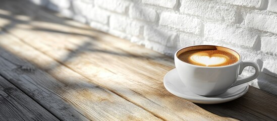 Fototapete - Coffee cup with heart latte art on wooden table against white brick wall, soft shadows, light wood tones, centered with ample copy space.