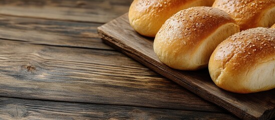 Aufkleber - Freshly baked golden buns arranged on a textured wooden board with a spacious blank area on the left for text placement and branding.