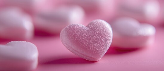 Poster - Close-up macro shot of pink heart-shaped candies with a soft focus on a single candy against a smooth pink background creating a romantic feel