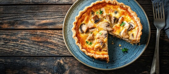 Poster - Delicious Chicken and Mushroom Quiche displayed on a rustic blue plate with a slice served on a wooden table in warm sunlight, garnished with herbs