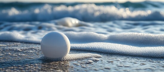 Poster - White ball resting on sandy beach near gentle waves with foamy water reflecting sunlight in background soft blue and beige tones.