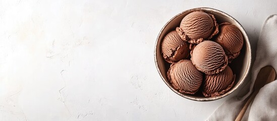 Poster - Chocolate ice cream scoops arranged in a round bowl on a light beige rustic table with a plain white background and soft cloth on the side