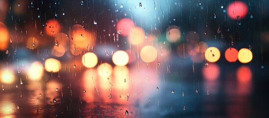 Fototapete - Bokeh lights on a rainy night with blurred colorful street lights in the background and clear raindrops on the foreground glass creating a dreamy effect