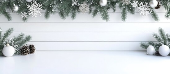 Poster - Festive Christmas backdrop featuring white wooden table with green fir branches silver ornaments and pinecones creating a serene winter scene
