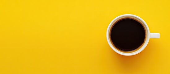 Poster - Aromatic black coffee cup placed on a vibrant yellow background viewed from above with ample negative space for text placement.