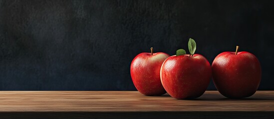 Poster - Red apples arranged on a wooden table with a dark textured background highlighting their vibrant color and natural shine, one apple with a green leaf.
