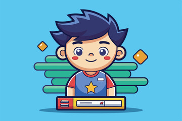 Poster - a cheerful cartoon character with blue hair is sitting in front of a colorful interface, pull reques