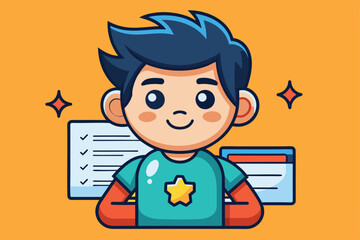 Poster - A cheerful character with a star on their shirt stands confidently in front of tasks, showcasing accomplishments, Pull request Customizable Cartoon Illustration