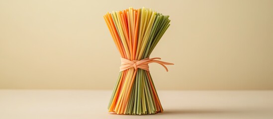 Poster - Colorful bundle of uncooked pasta dyed with vegetable colors, featuring shades of green, yellow, and orange, tied with a light orange ribbon, on beige background.