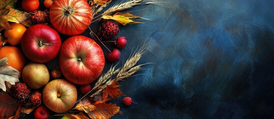 Poster - Autumn harvest flat lay with vibrant red apples golden pears and colorful leaves against a dark blue background with ample copy space on the right