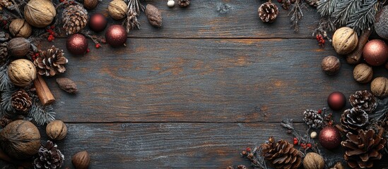 Poster - Rustic holiday decoration border featuring red and gold Christmas balls, assorted nuts, pinecones, and evergreen on weathered wooden background.