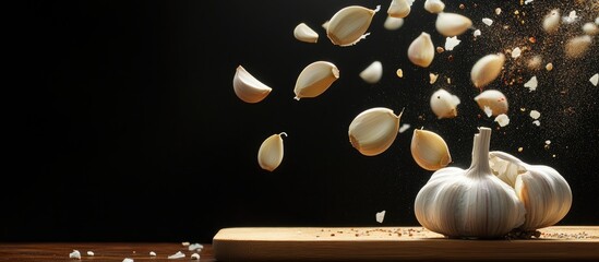 Fototapete - Garlic bulb and cloves on a wooden chopping board with scattered cloves in mid-air against a black background creating a culinary scene