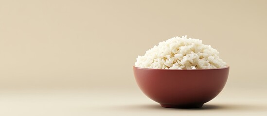 Poster - Bowl of steaming white rice on a simple beige background with a deep brown bowl positioned slightly off-center for a minimalist look
