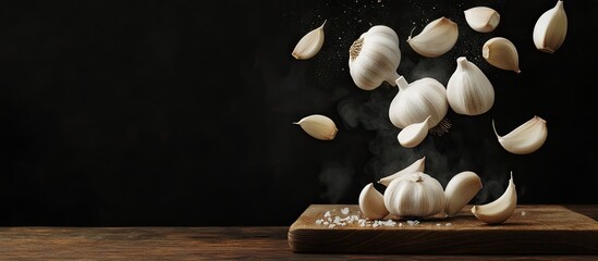 Poster - Garlic cluster on wooden chopping board with airborne cloves against black backdrop featuring earthy tones and ample negative space for text.