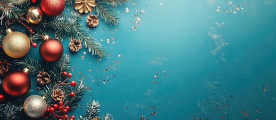 Aufkleber - Christmas themed blue background featuring gold and red ornaments, pine branches, and festive decorations, with clear space for text on the right.