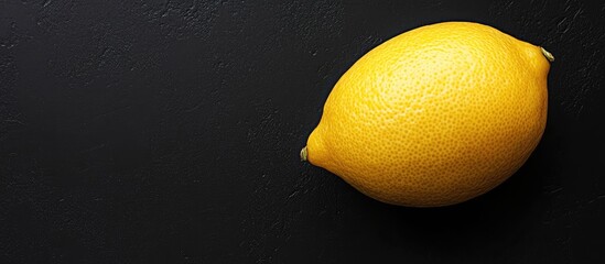 Poster - Whole fresh lemon positioned on the upper right of a textured black background with ample copy space for branding or text. Bright yellow color stands out.