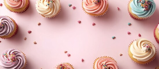 Poster - Colorful arrangement of pastel cupcakes in pink and light blue tones featuring sprinkles on a soft pink background creating a celebratory mood.