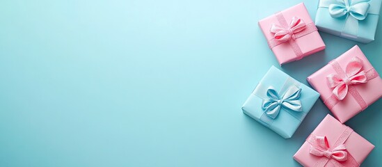 Poster - Flat lay of gift boxes in pink and blue ribbons on a smooth aqua blue background with a focus on arranged boxes on the right side.