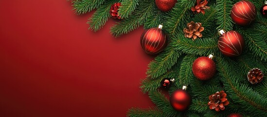 Poster - Christmas tree branches with vibrant green needles adorned with red ornaments and pinecones on a rich red background creating a festive atmosphere